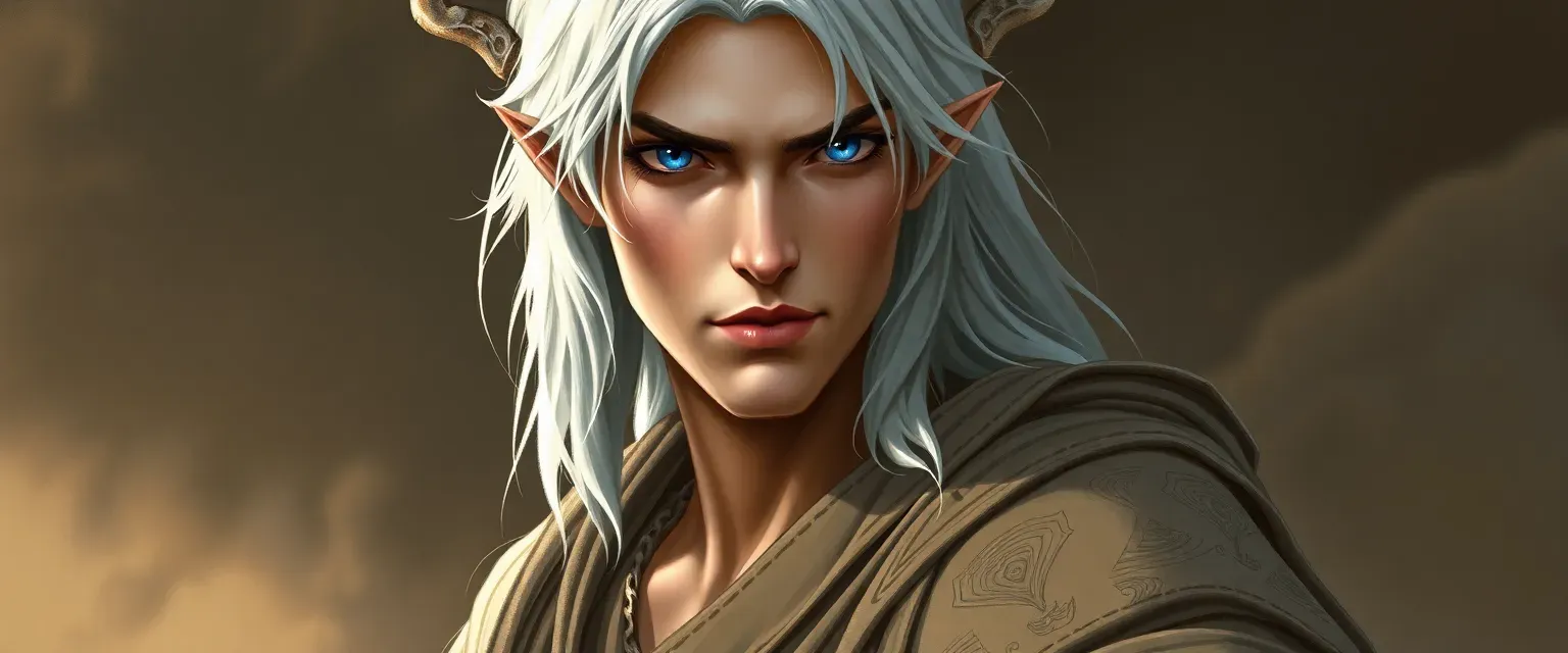 A serene demigod with silver hair and deep blue eyes, wearing a simple earth-toned robe.
