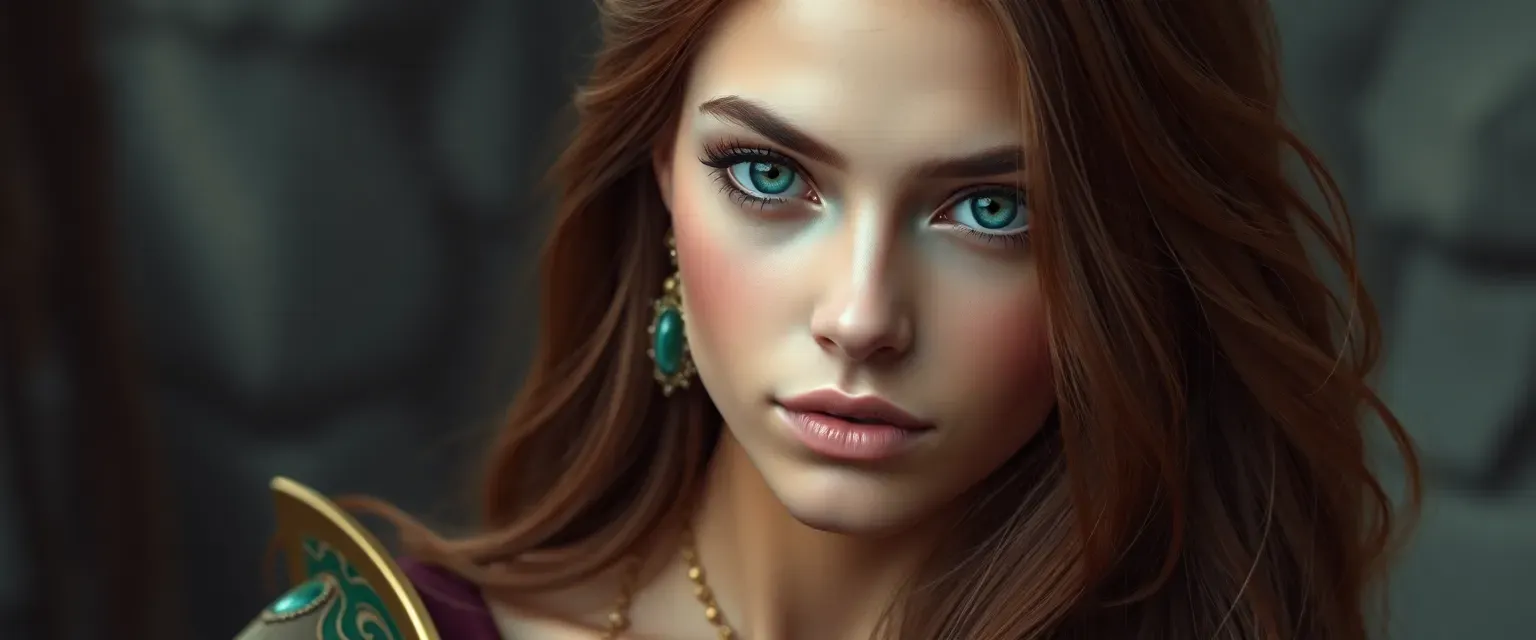 21-year-old woman with flawless golden skin, chestnut hair, and emerald eyes, in luxurious attire.