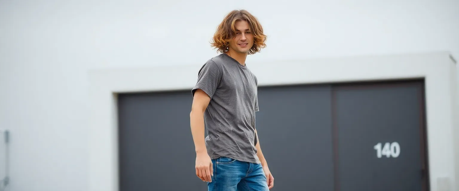 Early 20s man with tangled brown curls, slender, wearing worn jeans and a faded t-shirt, tapping foot rhythmically.