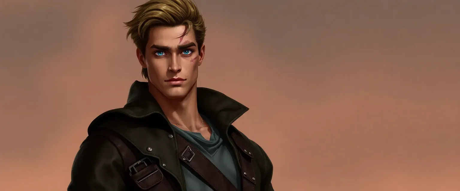 Tall, athletic man with sandy brown hair and blue eyes, wearing a leather jacket and rugged trousers, with a scar above his left eyebrow.
