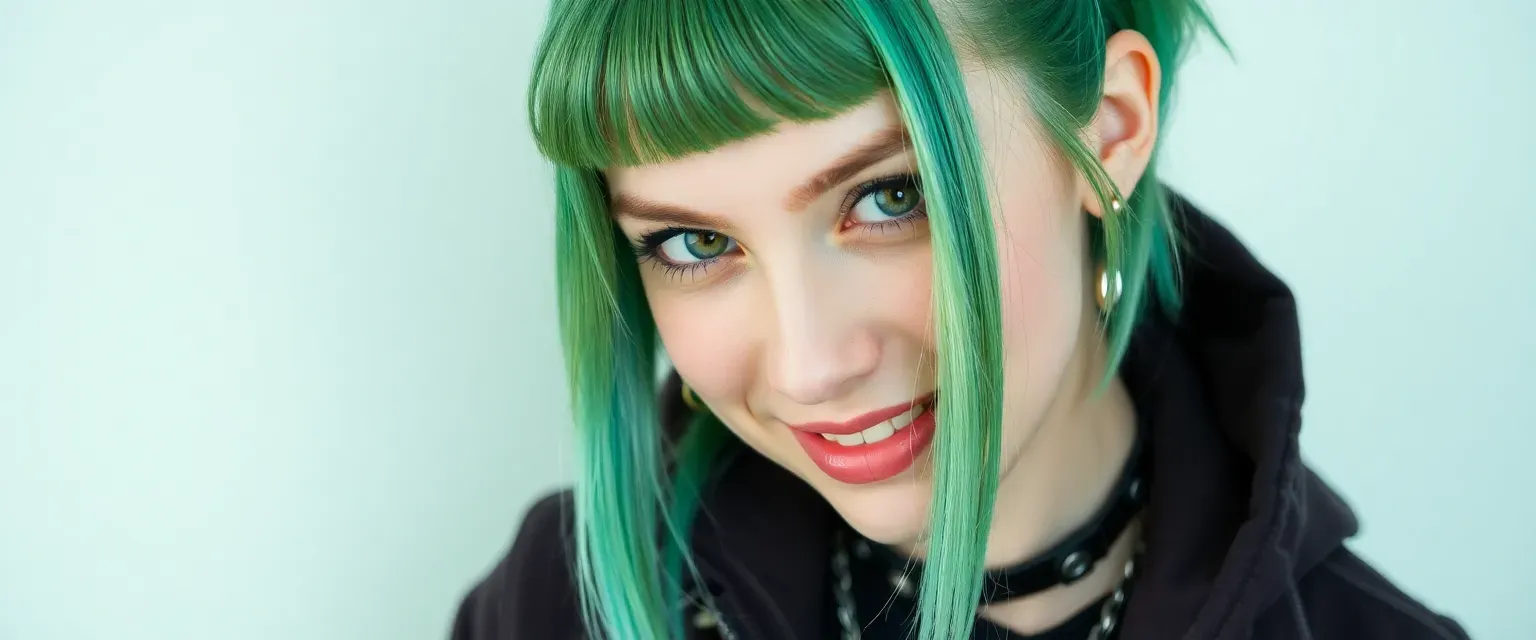 19-year-old girl with green hair, asexual, wearing casual punk attire, mischievous smile.