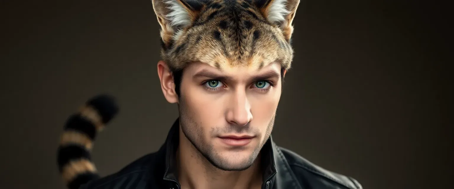 A 32-year-old man with tabby cat fur, a feline head with green eyes, whiskers, and a long tail, wearing a leather jacket and dark jeans.