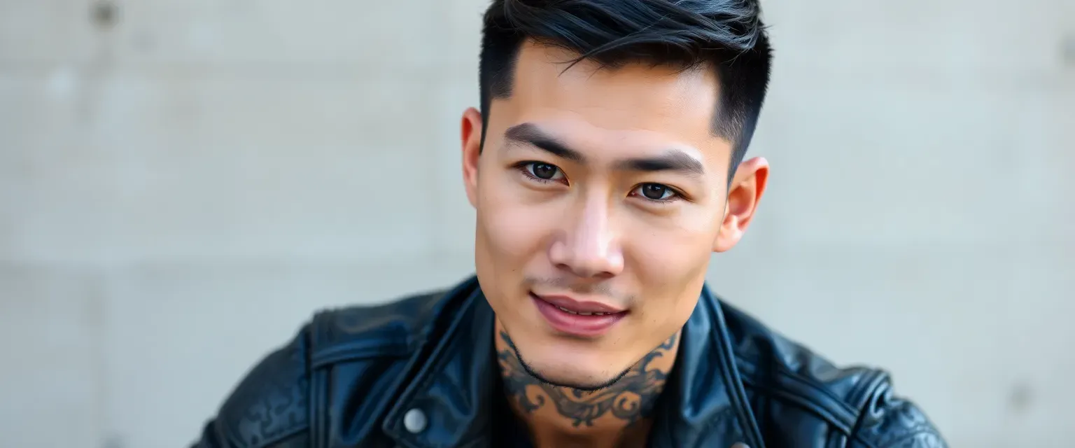 A tall, athletic Asian-American man in his early 20s with short black hair, striking eyes, and intricate tattoos, wearing leather motorcycle gear and a confident smirk.