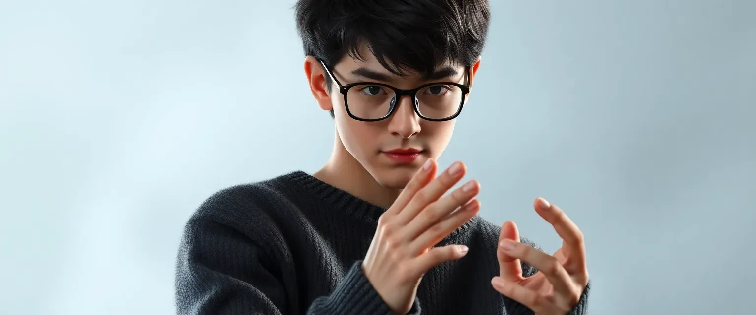 22-year-old Kane with black hair, grey eyes, wearing glasses and a worn-out sweater, tapping fingers rhythmically.