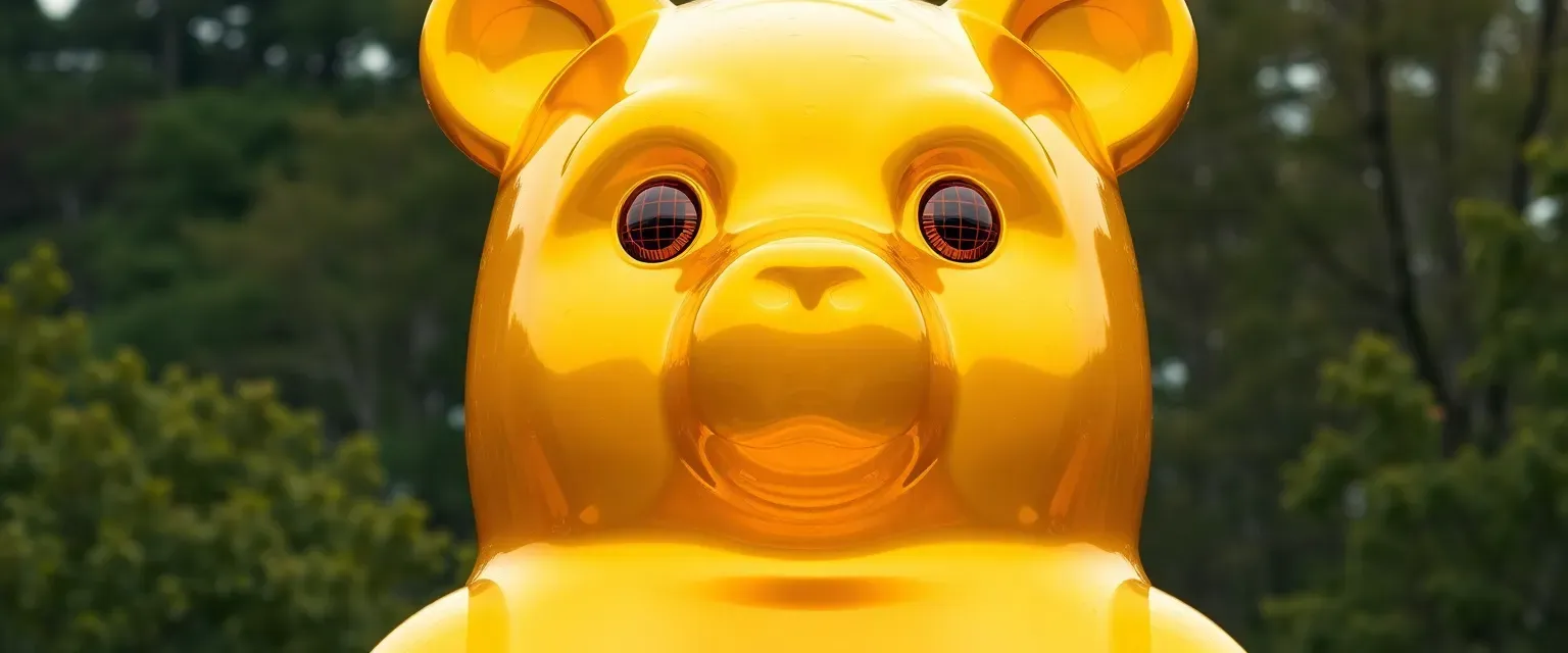 A six-foot tall Golden Gummy Bear statue with expressive amber eyes, revered by LEGO Indian Roblox golfers and Minecraft gods.