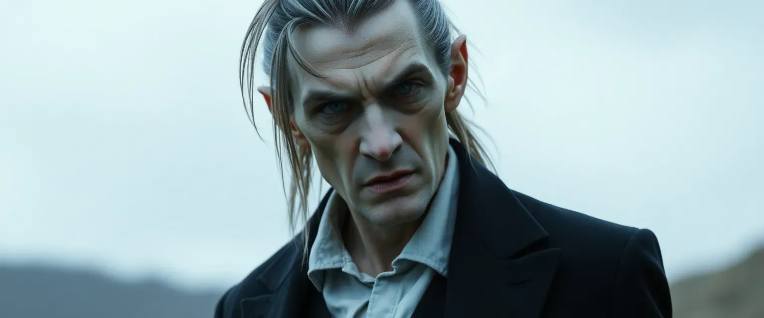 Tall, gaunt vampire with pale skin, ice-blue eyes, gray hair in a ponytail, wearing a dark, outdated suit.