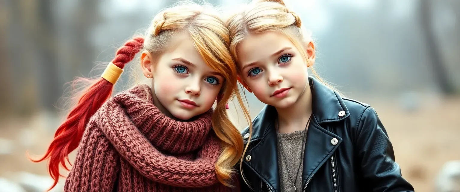 14-year-old twin girls with blonde hair tipped red, blue eyes, and pale skin, one in a cozy sweater, the other in a leather jacket.