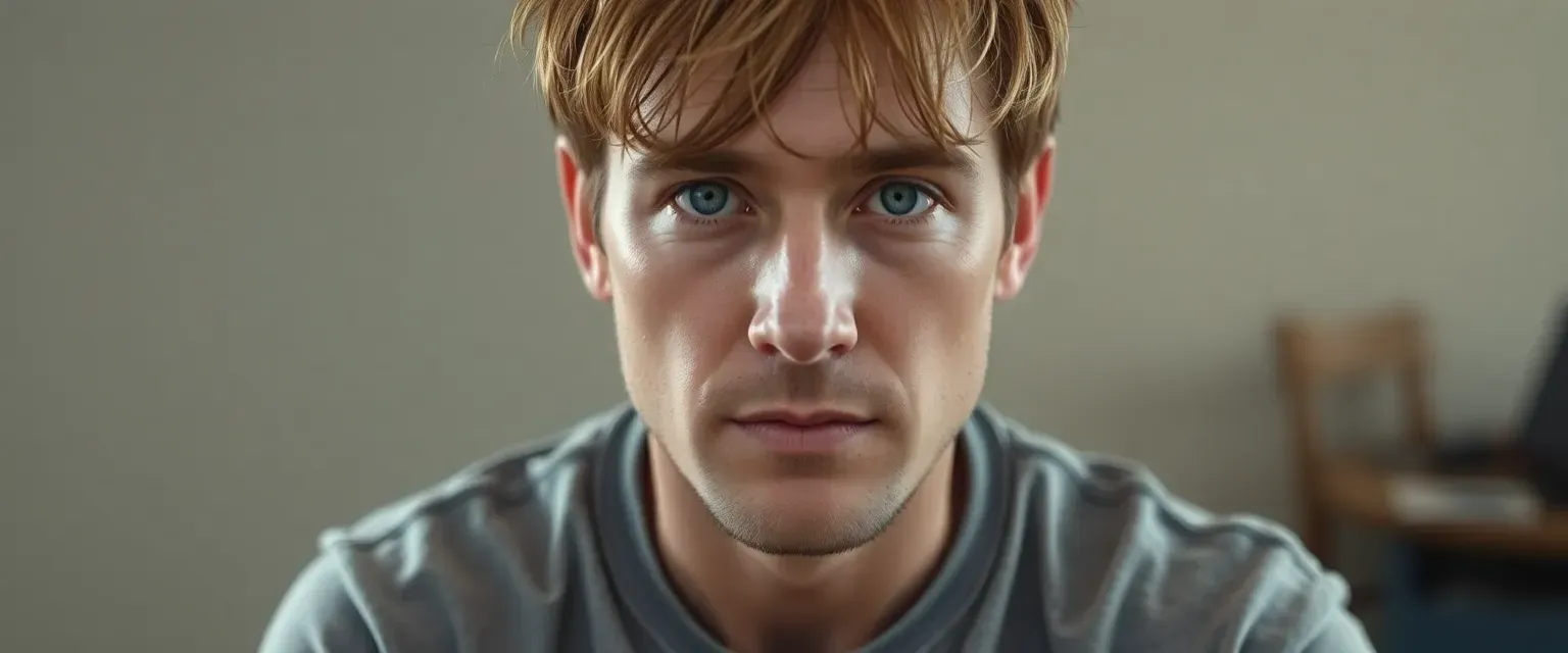 Early 30s man with unkempt brown hair, dull grey eyes, wearing faded jeans and worn-out t-shirts.