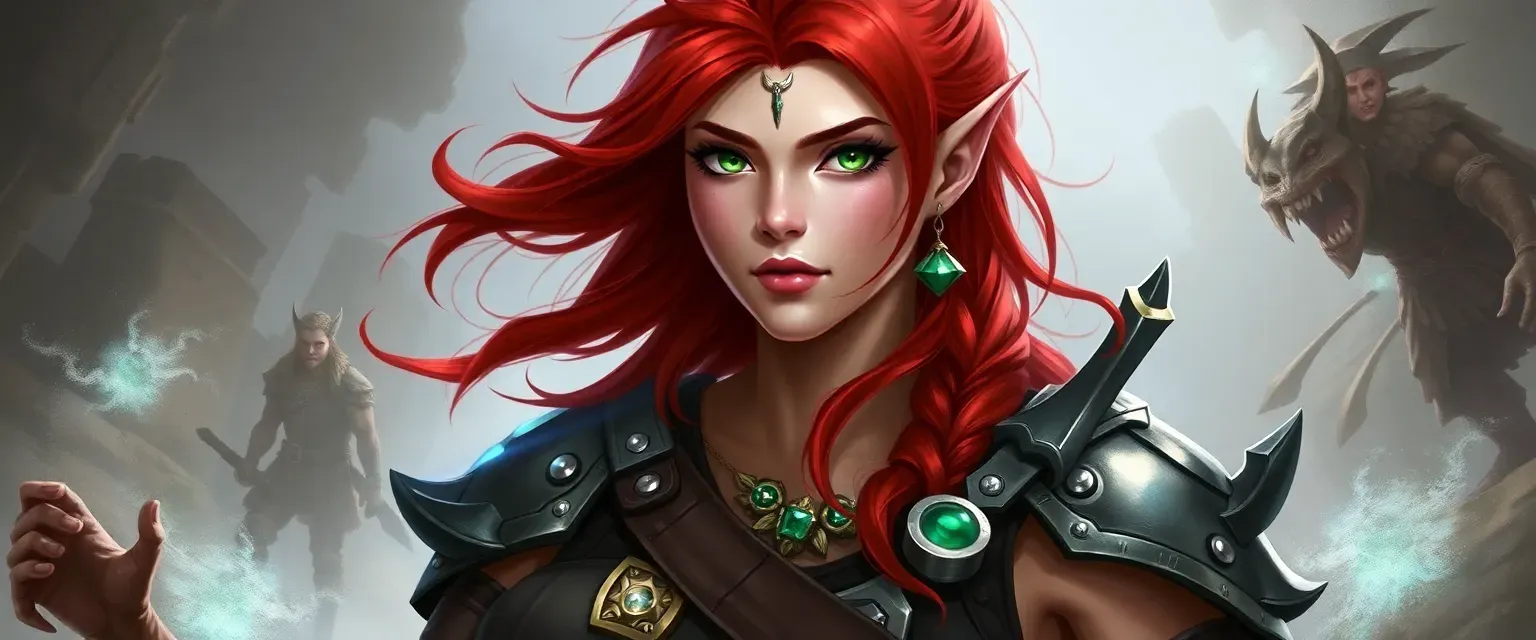 29-year-old Eladrin with vibrant red hair and emerald eyes, clad in leather and light armor, adorned with trinkets and blades.