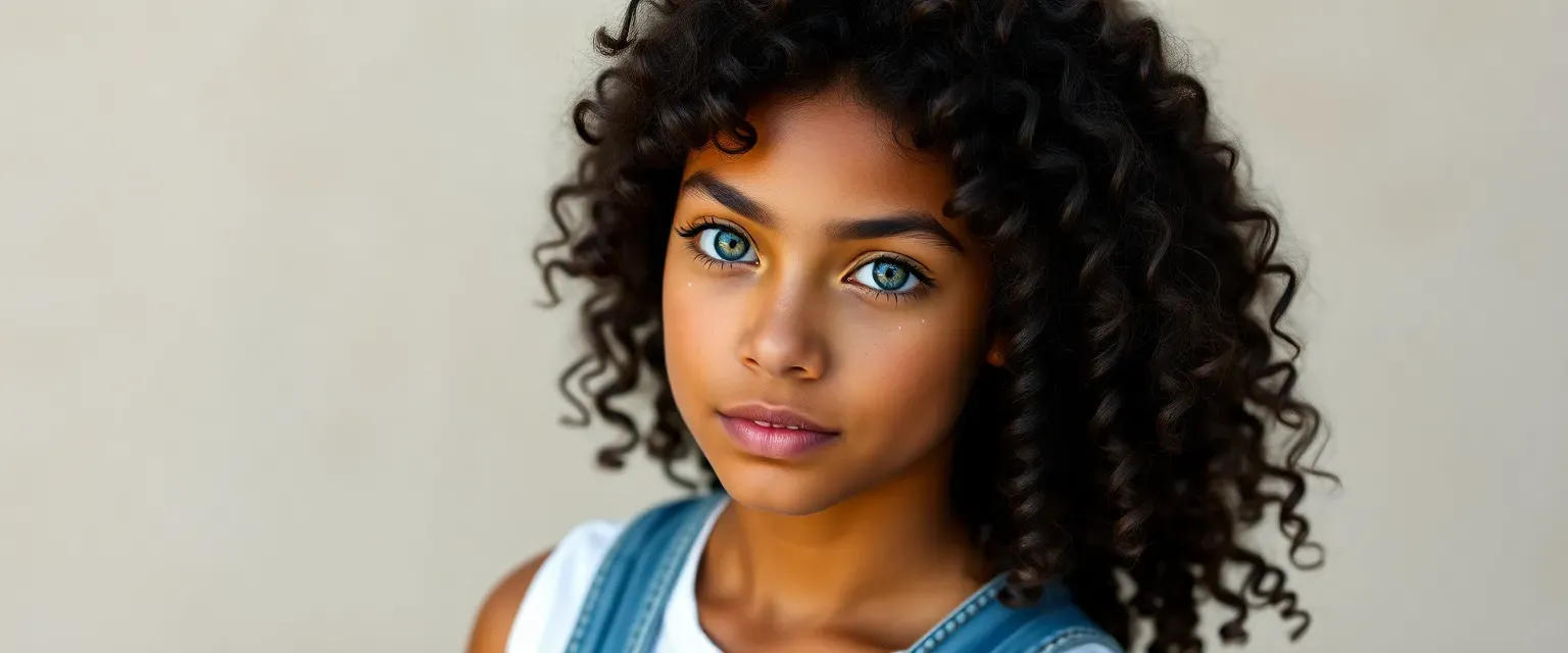 17-year-old girl with dark chocolate curls, heterochromatic eyes of golden hazel, green, and blue, freckled nose, soft pink lips, wearing denim shorts, white crop top, and sneakers.