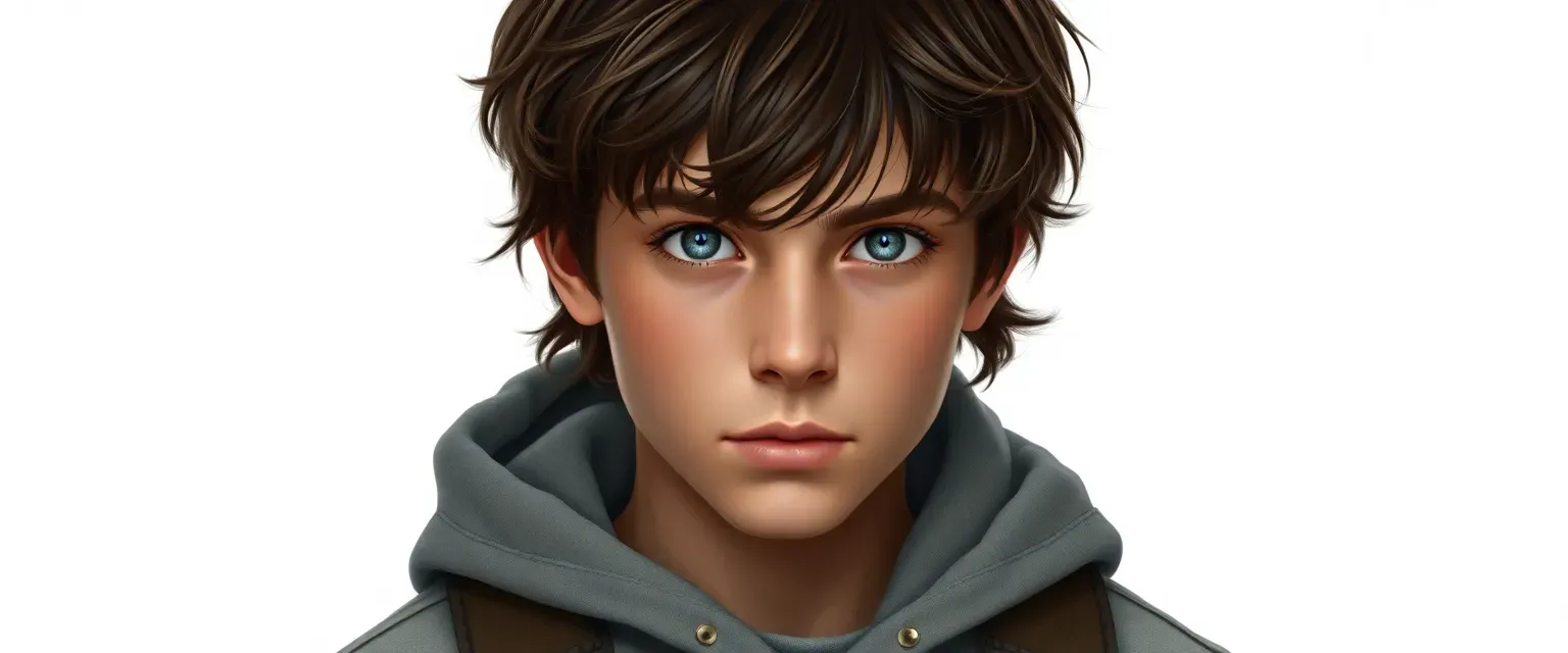 15-year-old boy with stormy gray eyes and tousled dark brown hair, wearing a worn-out hoodie and jeans.
