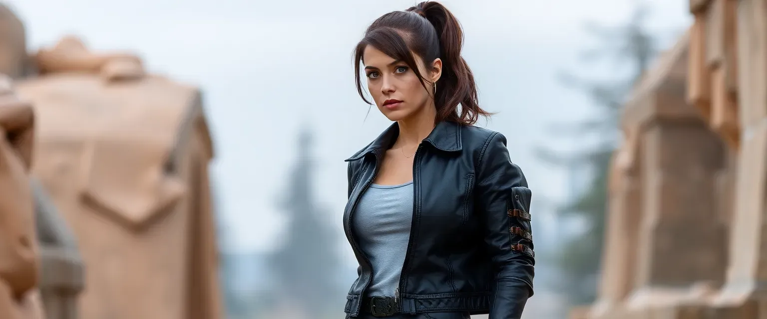 Tall woman in her late 30s, athletic build, dark brown hair in ponytail, green eyes, leather jacket, tactical pants, sturdy boots.