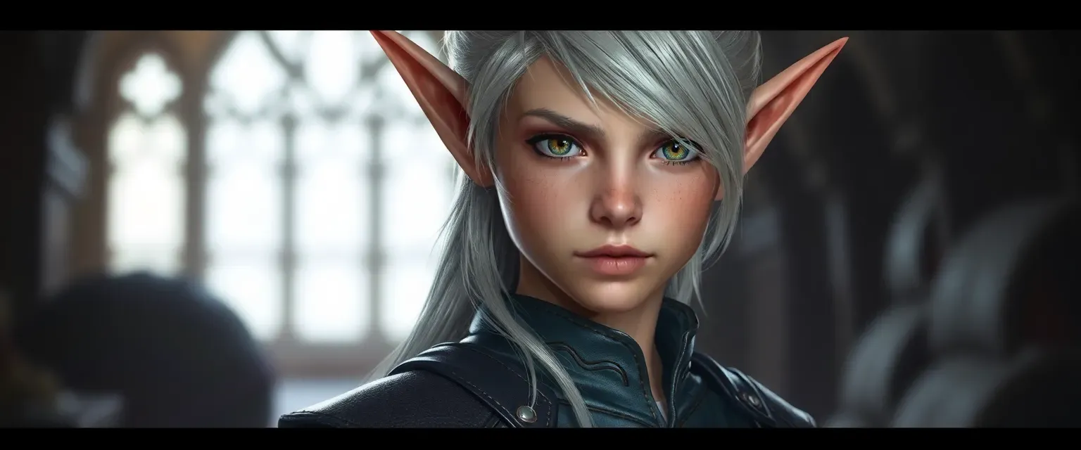 Young half-elf with silver hair and hazel eyes, dressed in dark, form-fitting leathers.