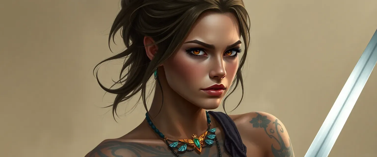 25-year-old woman with tattoos, wearing a firefly necklace, determined expression, holding a sword.