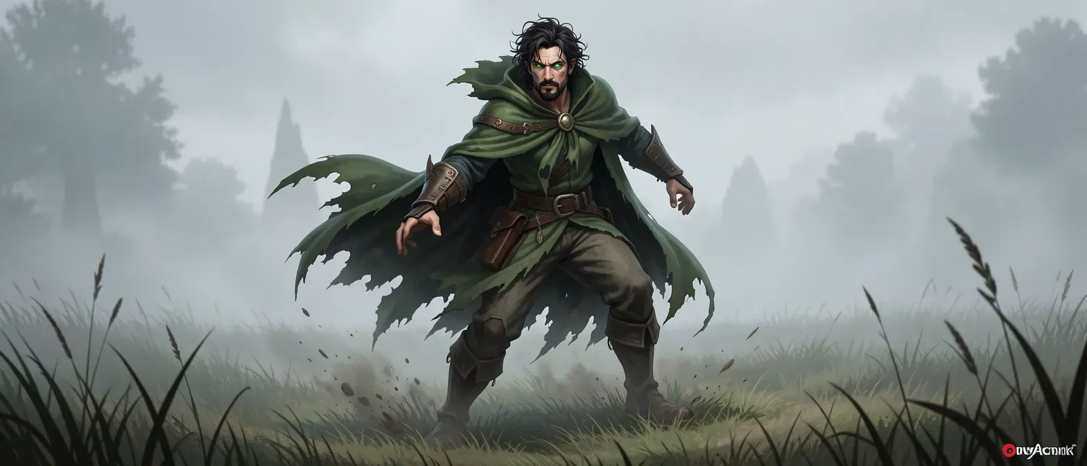 Pale man in mid-30s with emerald eyes, tangled dark hair, tattered green cloak and boots, standing isolated in misty field.