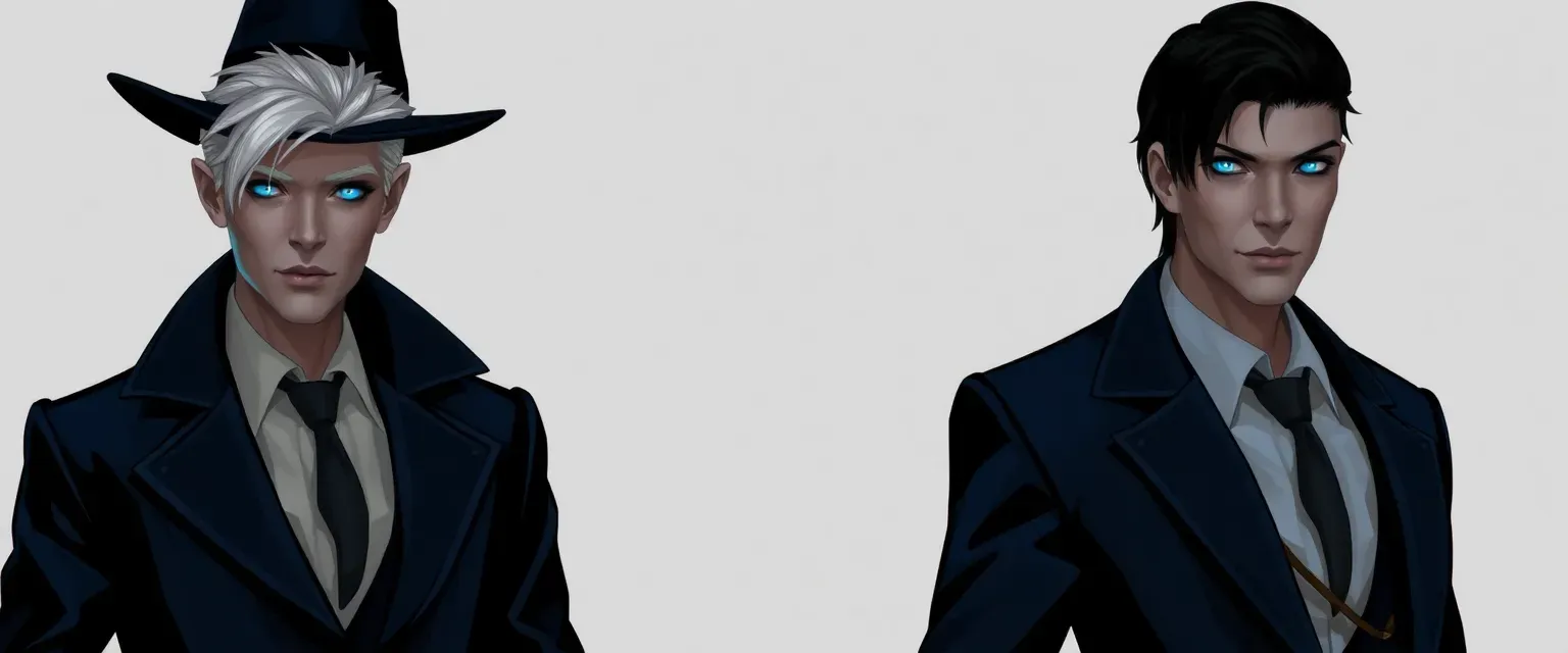 Changeling detective with pale skin, white hair in private; black hair, tan skin, blue eyes in public, wearing a blue and black suit.