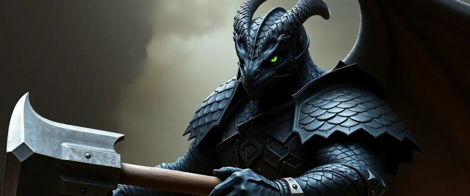 Black Dragonborn warrior, green eyes, black scale armor, wielding a warhammer.