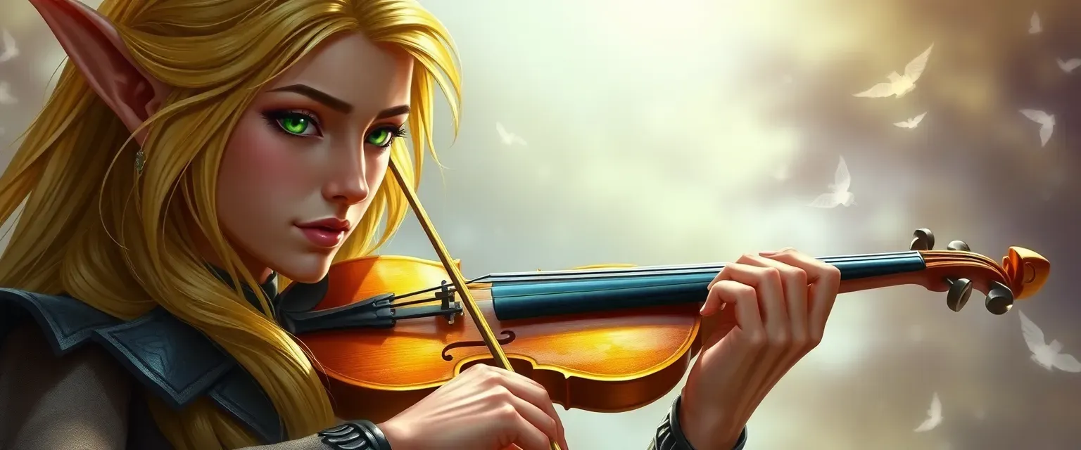 121-year-old high elf with golden hair, green eyes, playing a golden violin.