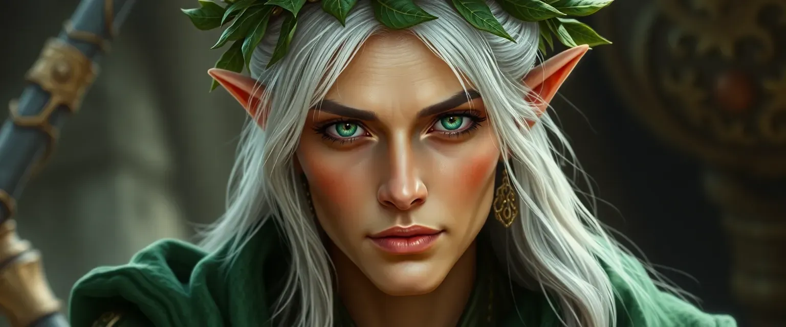 340-year-old elven ruler with silver hair, emerald eyes, wearing a green robe and leaf crown.
