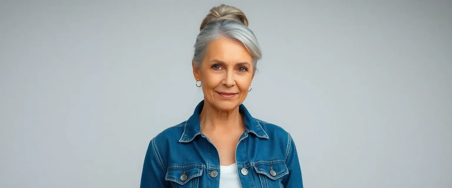 65-year-old woman with gray hair in a bun, strong jawline, wearing a denim jacket and slacks.