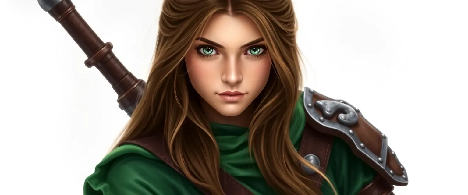 Young woman with long brown hair and green eyes, wearing green tunic and brown leather armor.