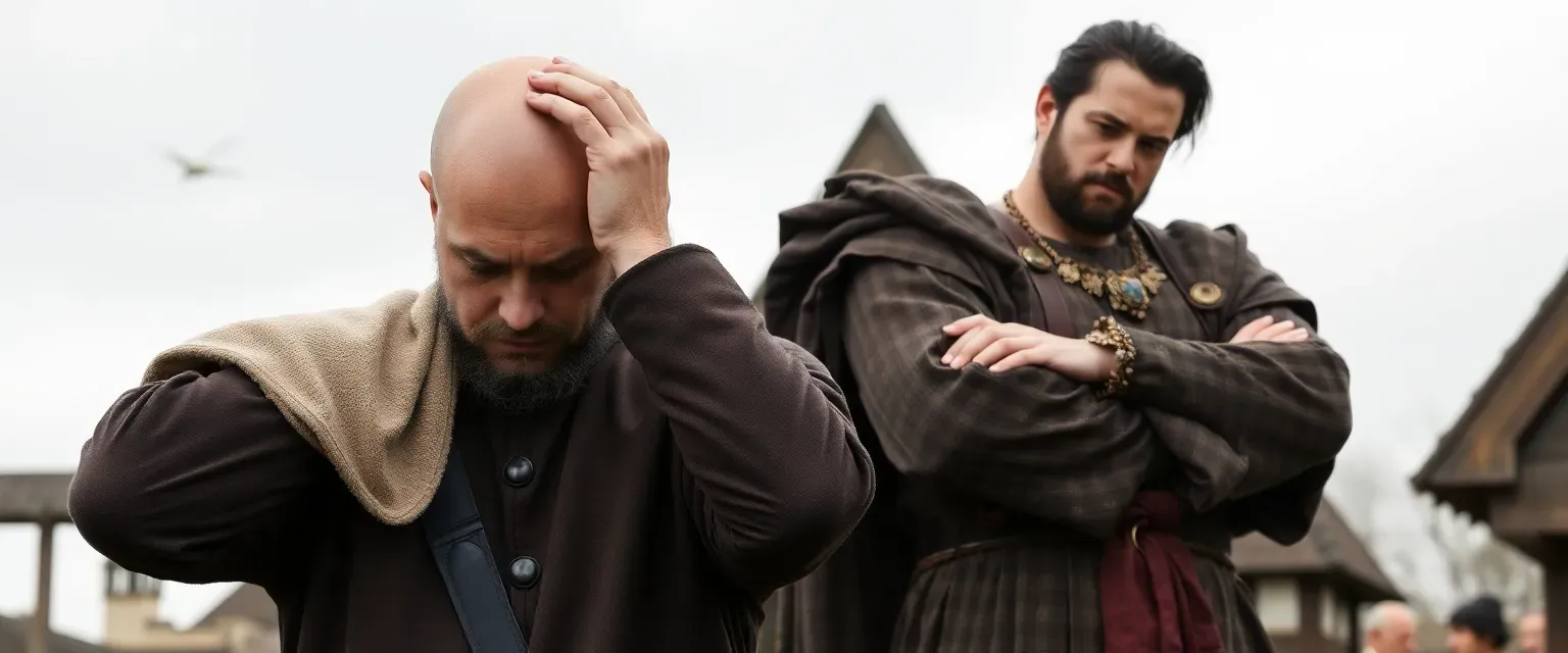 A bald, dejected man in medieval clothing, clutching his head; a robust woman in medieval dress, arms crossed, towering over him.