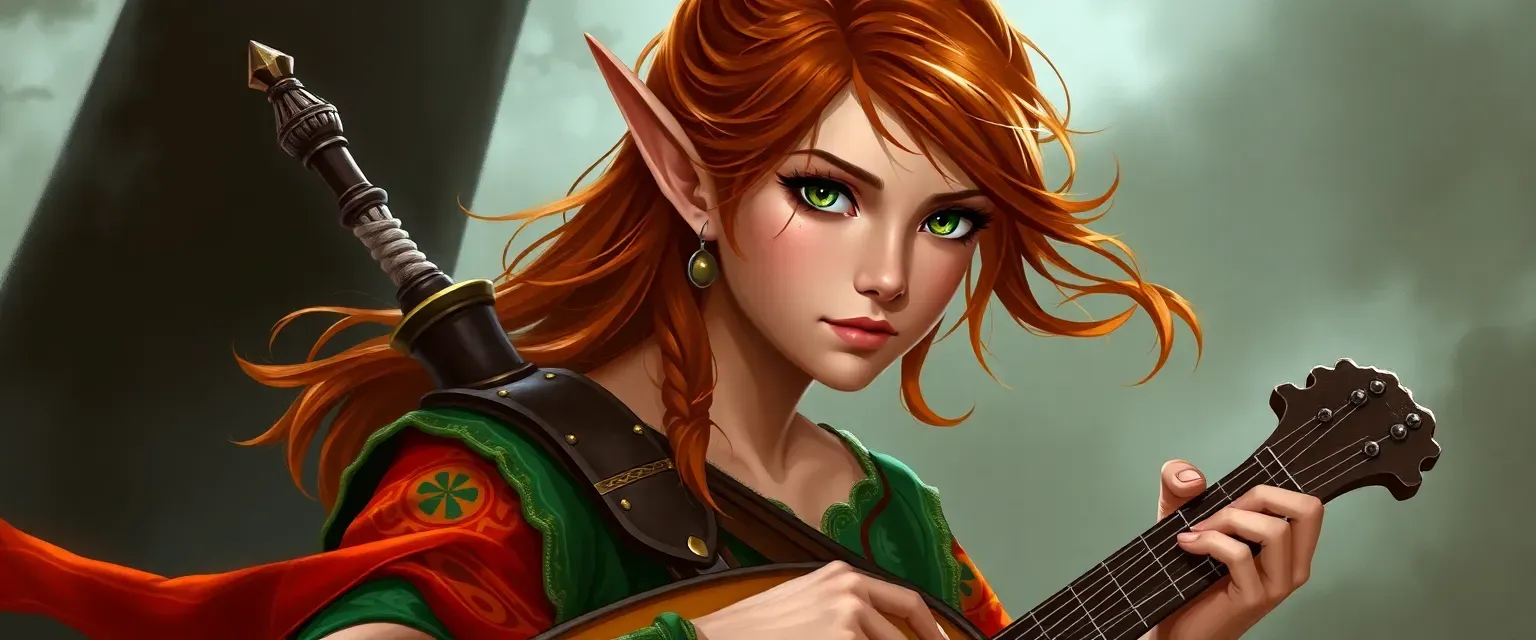 Young half-elf woman with chestnut hair and green-gold eyes, wearing a vibrant tunic and breeches, carrying a lute.