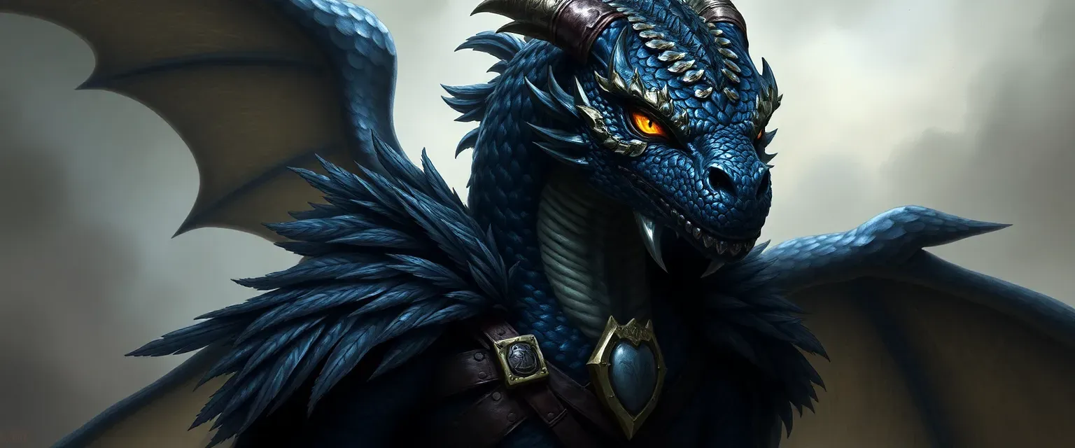 Tall Dragonborn with midnight blue scales, gold eyes, wearing leather and metal, a feather cloak.