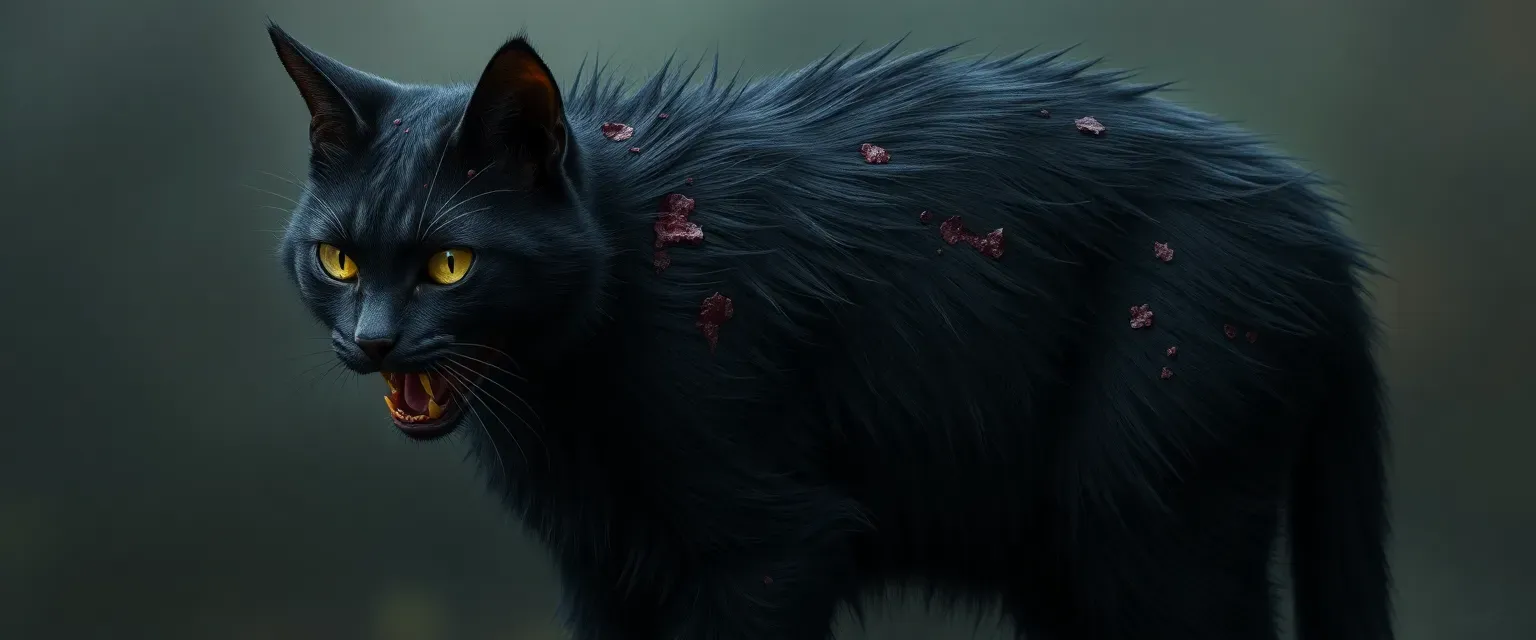 A diseased zombie cat, once royal, stands tall, with black fur and a bloodied maw.