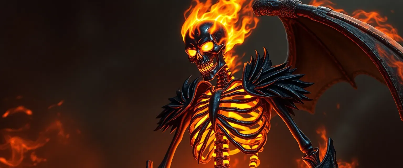 Flame skeleton in deep black armor, glowing fire aura, once a warrior now bound to a dragon's will.