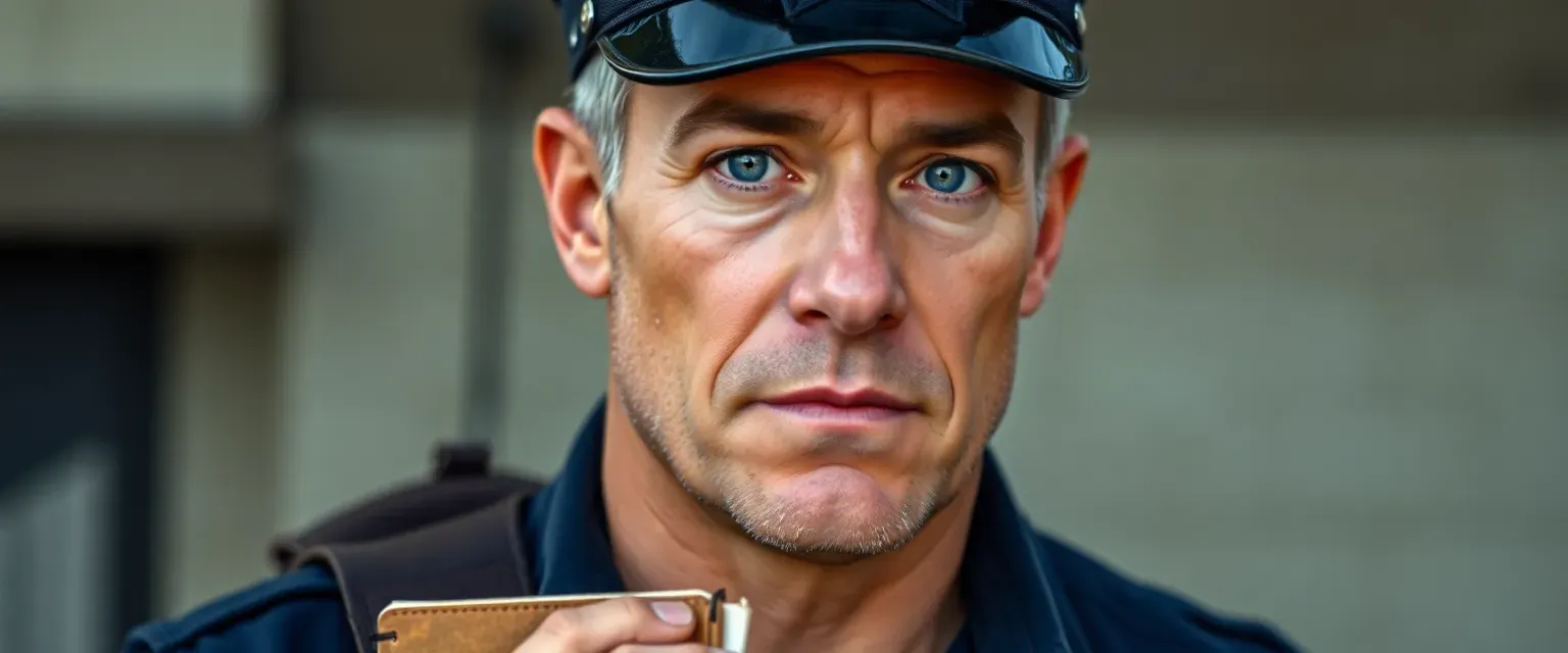 A 42-year-old cop with a weathered face, piercing blue eyes, short salt-and-pepper hair, and a muscular build, always carrying a small notebook.