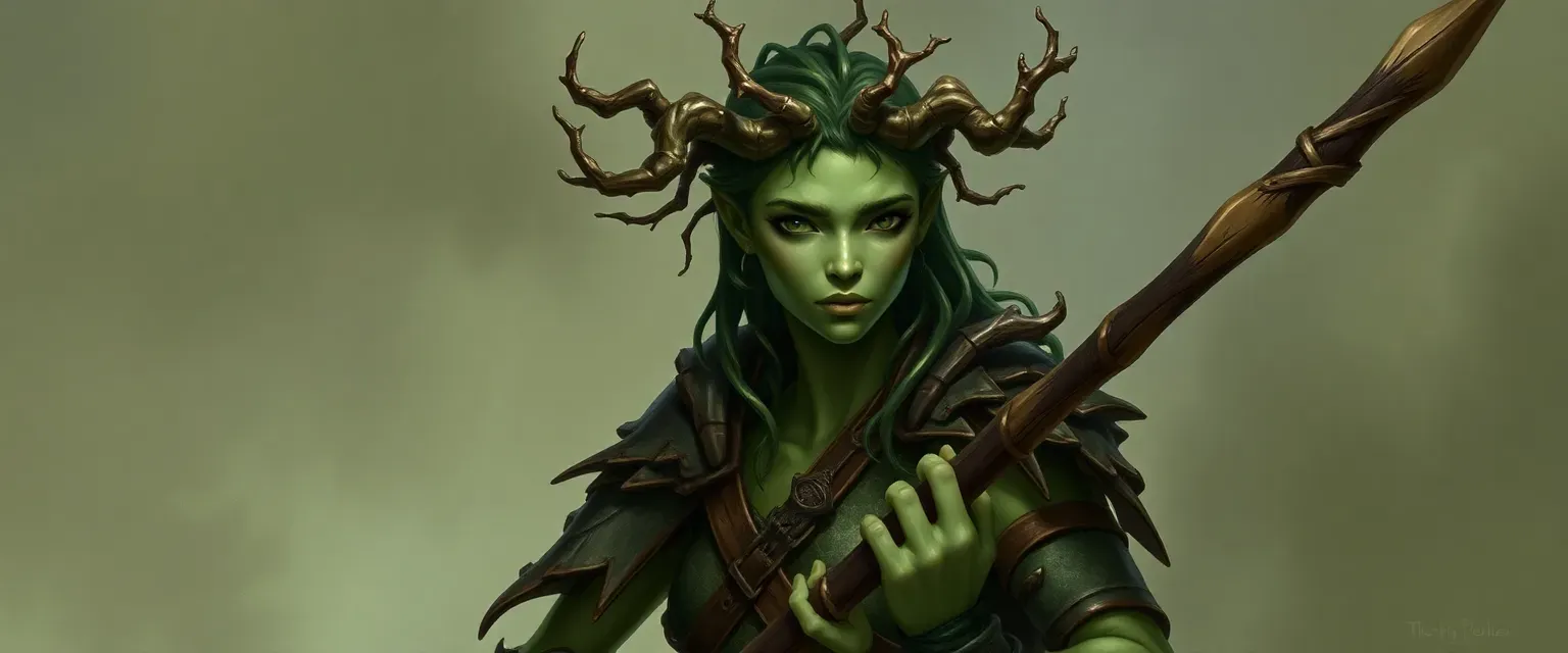 Pale green skin, vine hair with twig horns, bark armor, carries a long staff.