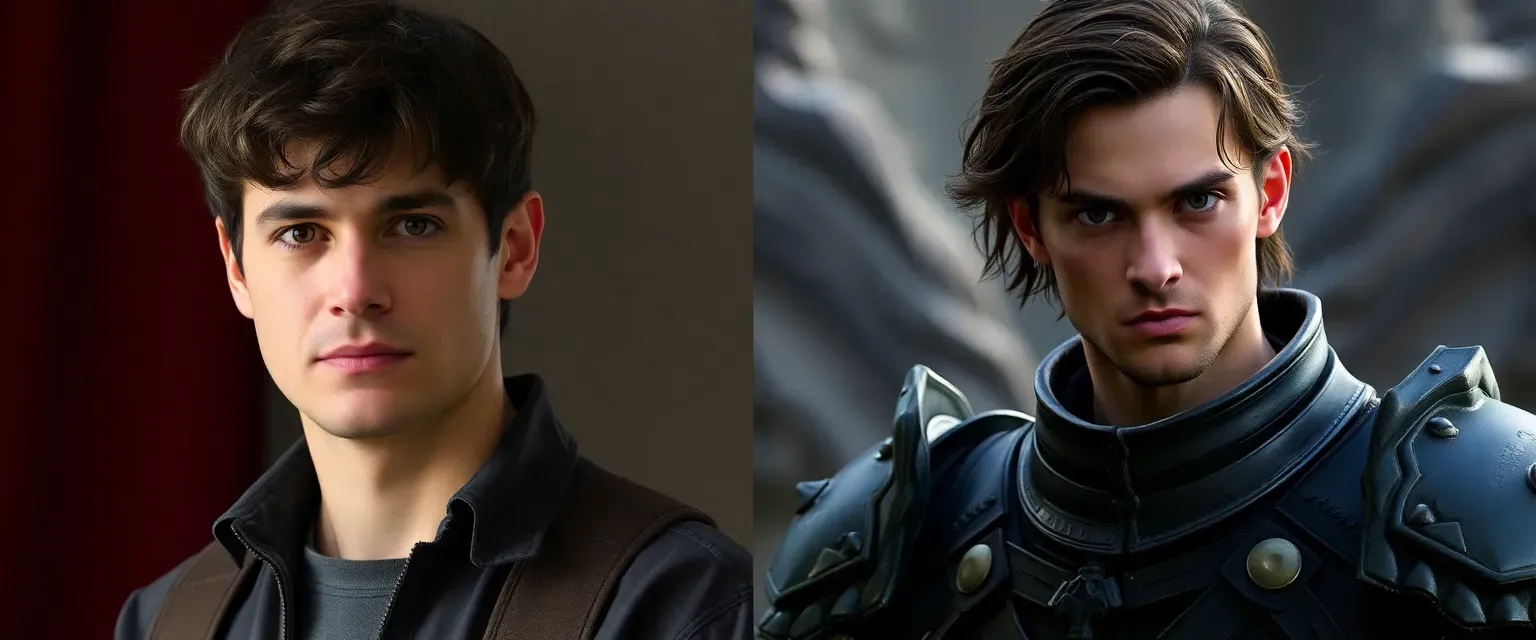 Early 30s man, dark hair, brown eyes, casual by day, black armored suit by night.