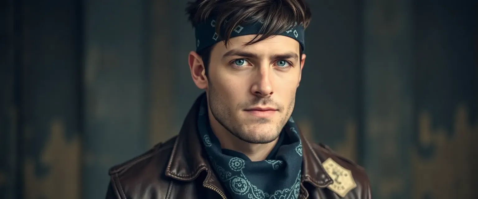 Rugged man in late 20s, dark hair, blue eyes, wearing a patched leather jacket and bandana.