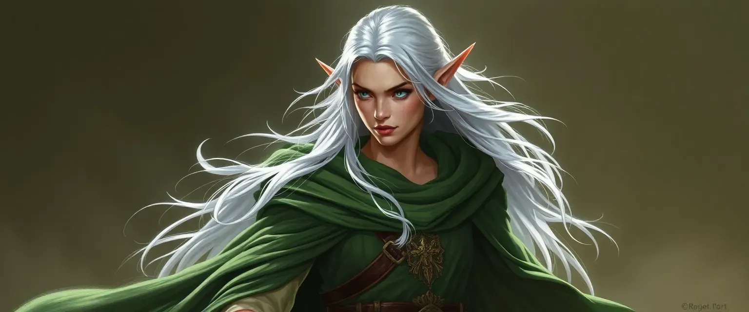 Elven cleric with silver hair and green robes, embodying grace and determination.