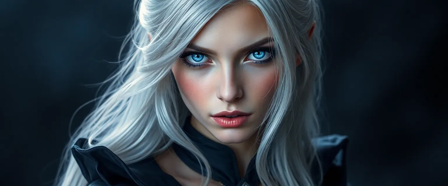 Young woman with silver hair and shimmering night-sky eyes, wearing a blend of magical and vampire attire.