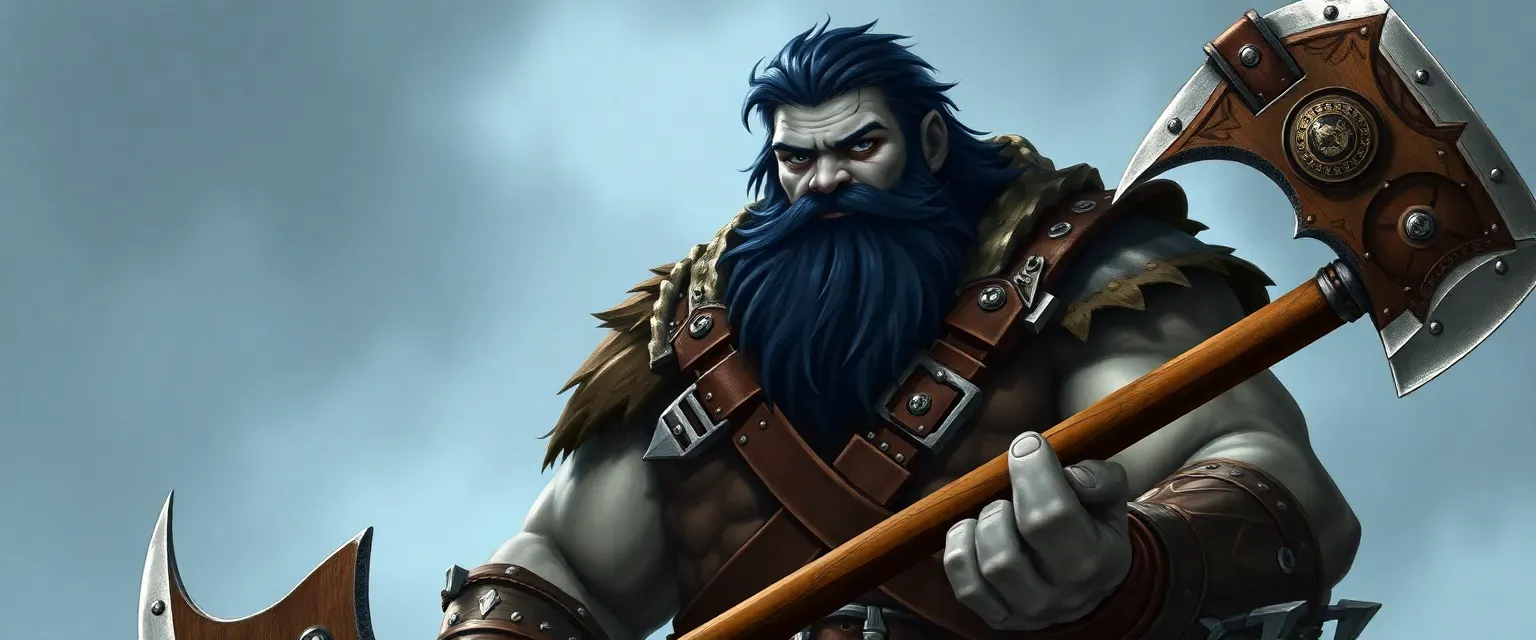 Tall Goliath barbarian with gray skin, blue eyes, black hair and beard, wearing leather armor and wielding a greataxe.
