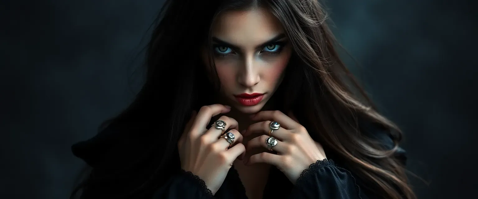 A young woman with long, dark hair and a sinister gown, her eyes cold and calculating, adorned with magical rings.