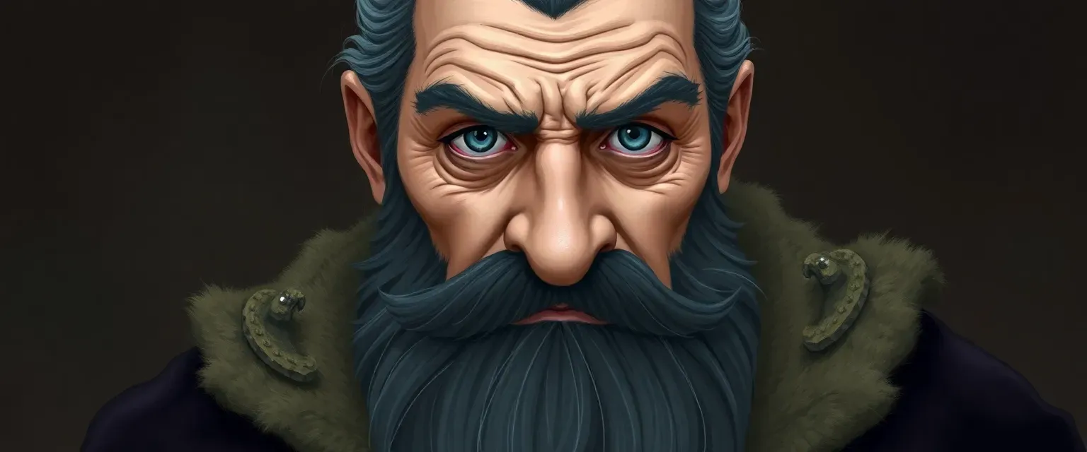 Middle-aged man with a large nose, dark beard with gray streaks, piercing blue eyes, wearing a velvet doublet and sturdy boots.