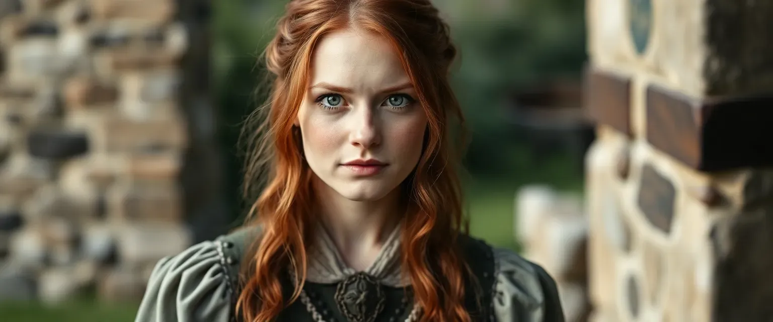 Redheaded woman in her thirties, green eyes, light freckles, wearing a practical medieval dress.