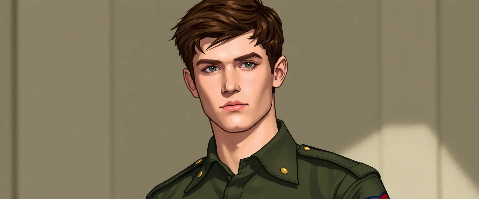 18-year-old Leo Flynn, a tall, athletic military recruit with short brown hair and green eyes, in a crisp uniform.