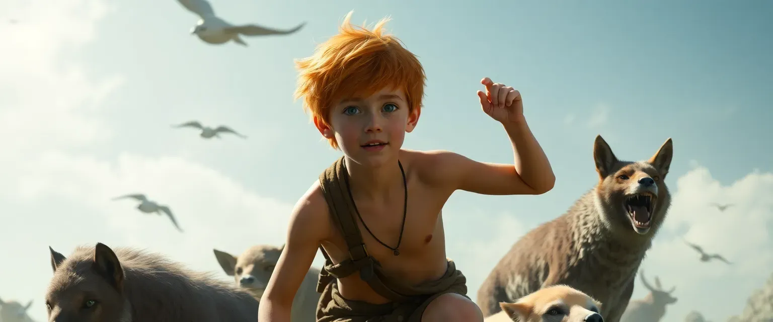 12-year-old boy with orange hair, barefoot, adventurous, surrounded by animals.