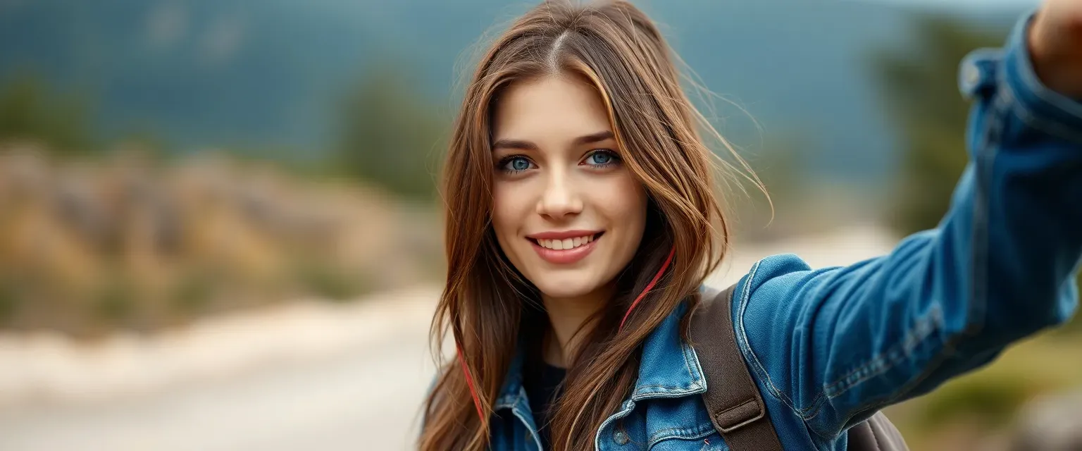 Mid-20s woman with brown hair and red stripe, wearing a denim jacket, adventurous and spontaneous.