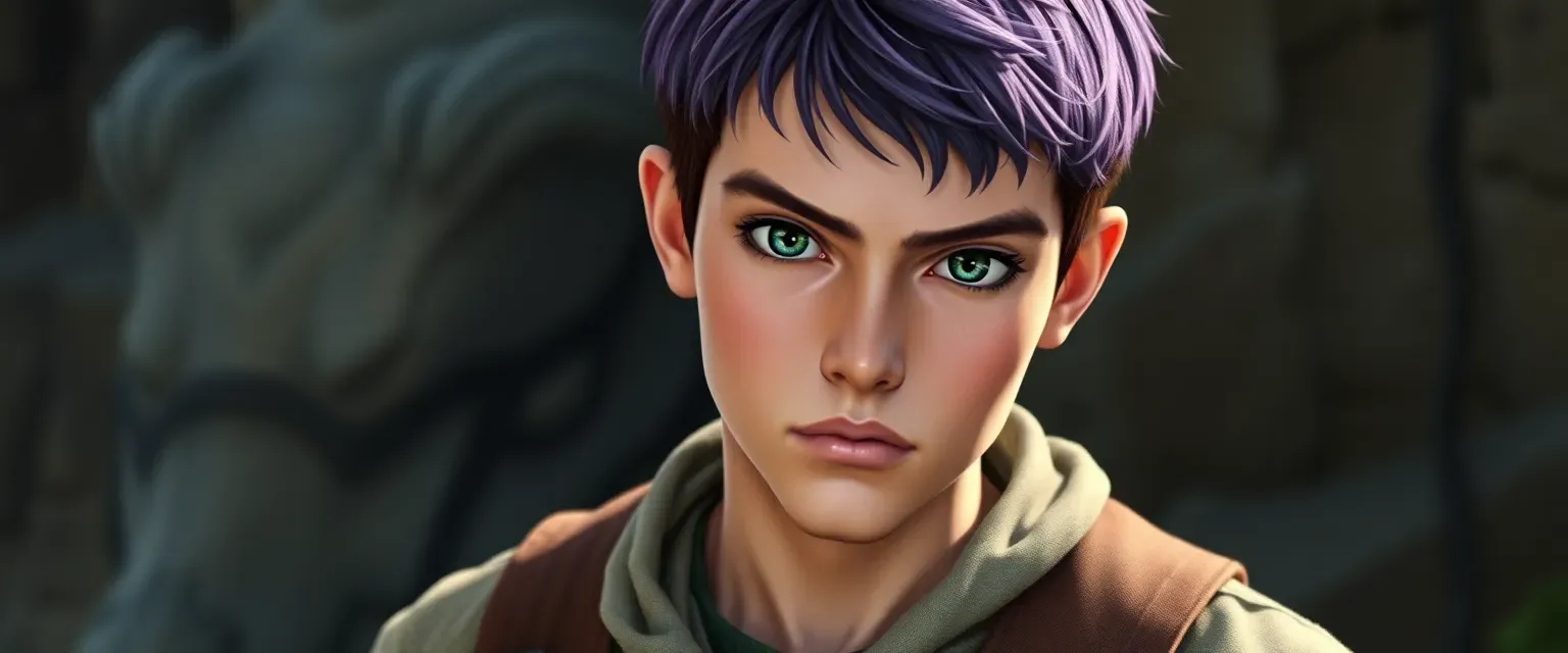 Young man with short purple hair and deep green eyes, wearing simple traveler's clothes.