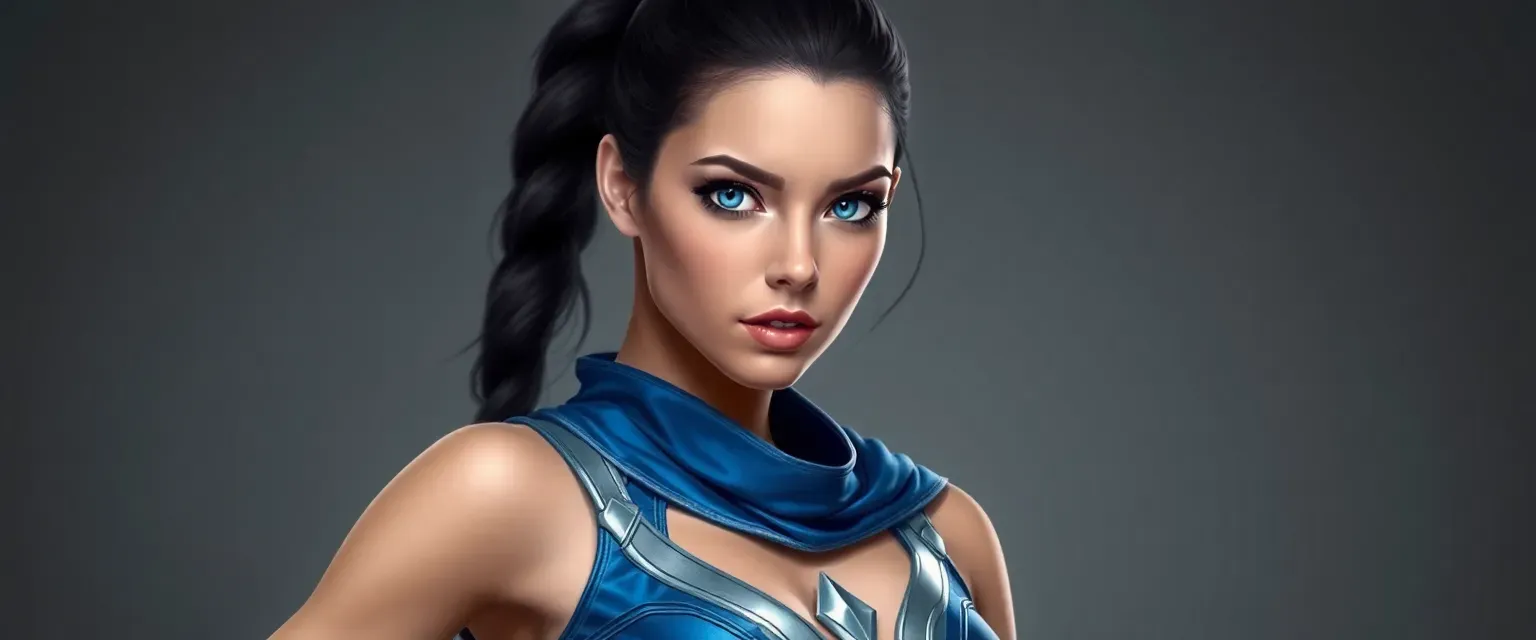 Young woman, 5'4", lean, athletic, jet-black ponytail, violet eyes, blue and silver hero costume.