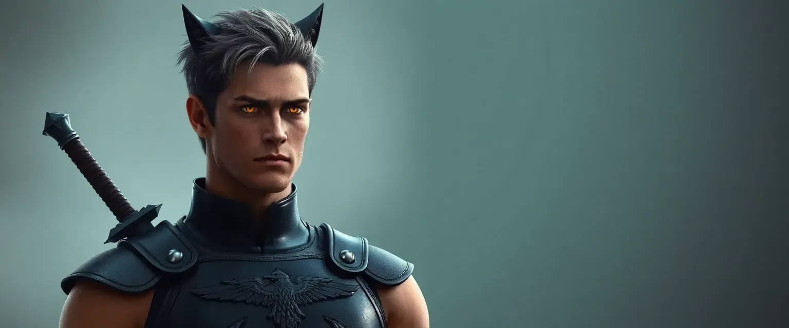 A tall, muscular man in his early 30s with amber cat-like eyes, silver-streaked dark hair, and two distinctive swords on his back. Wears dark leather armor with raven insignia.