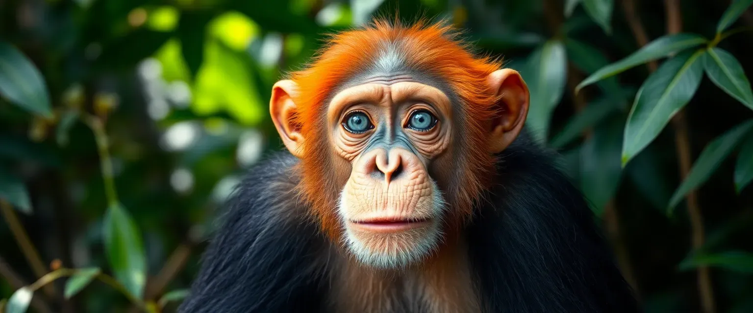 Charismatic chimpanzee with bright orange fur and blue eyes, wearing no clothing, in a dense jungle setting.