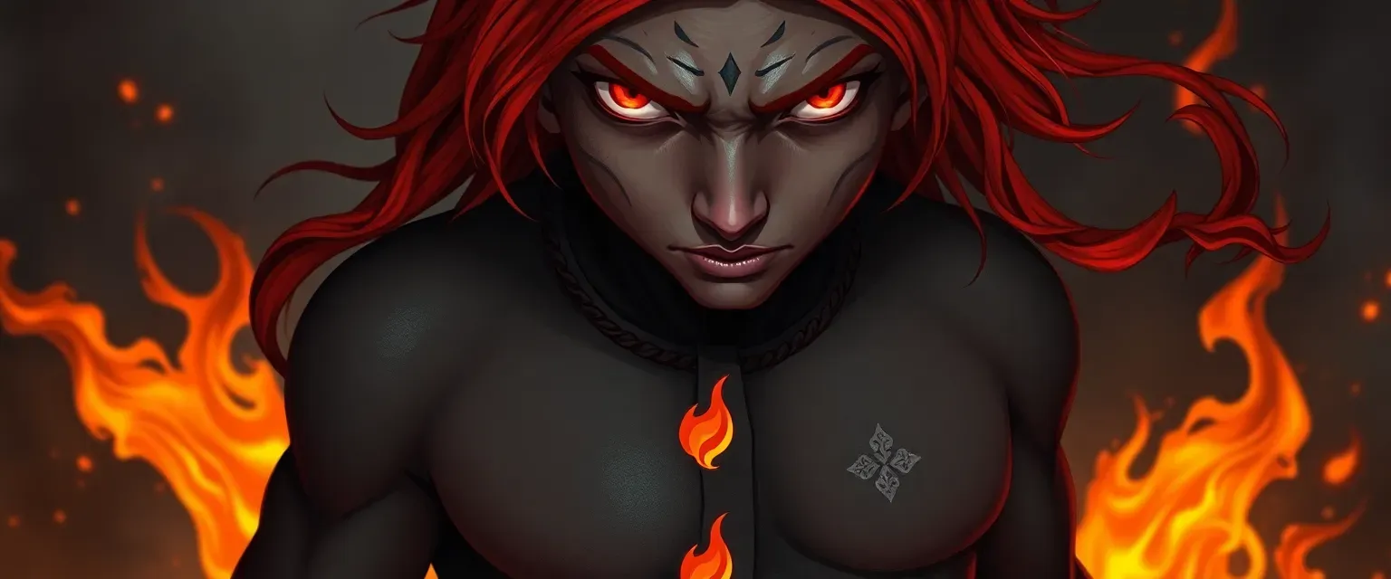 Fiery red hair, smoldering coal eyes, charcoal skin, ancient loincloth with fire symbols.