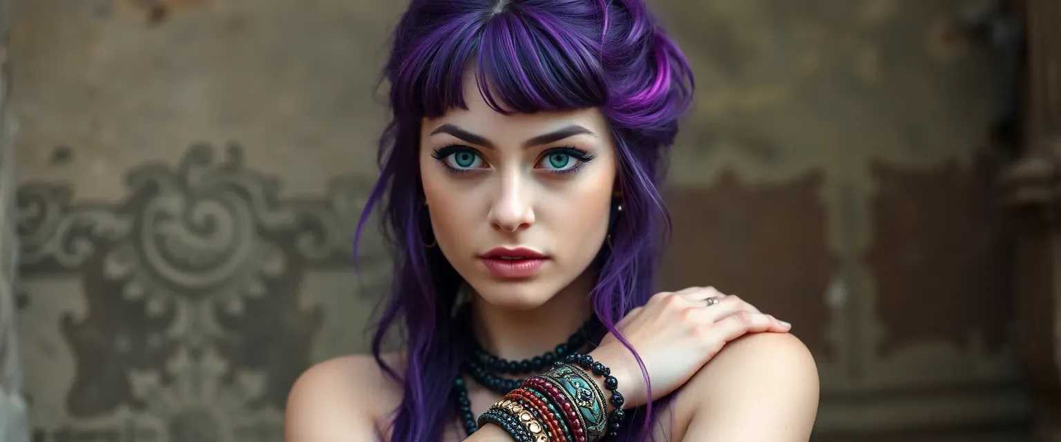22-year-old woman with vibrant purple hair, emerald eyes, eclectic gothic-bohemian style, adorned with bangles.