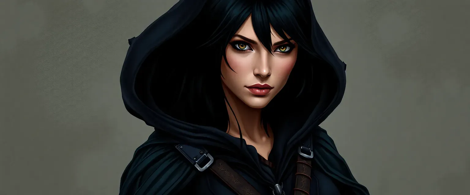 Mid-twenties woman with raven black hair, sharp eyes, wearing a dark cloak, tunic, and breeches, equipped with a belt of tools and a dagger.